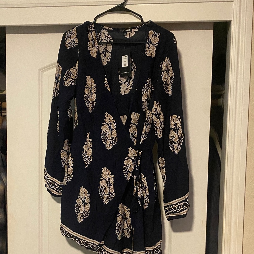 Navy Wrap Romper with White Floral Pattern